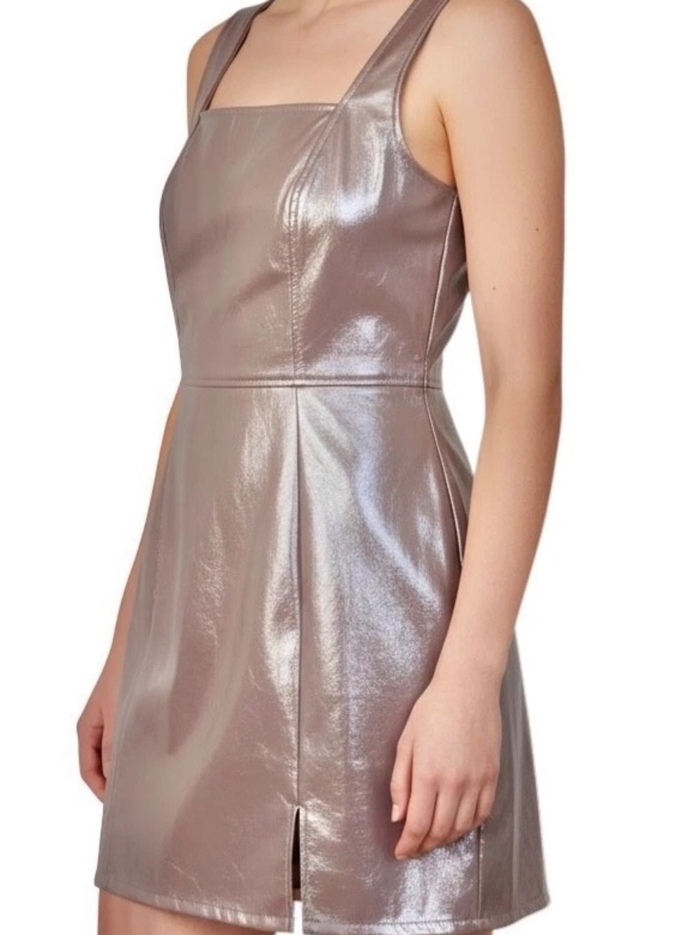 Love Fire Metallic Silver Faux Leather Mini Dress Square Neck Side Slit Size M